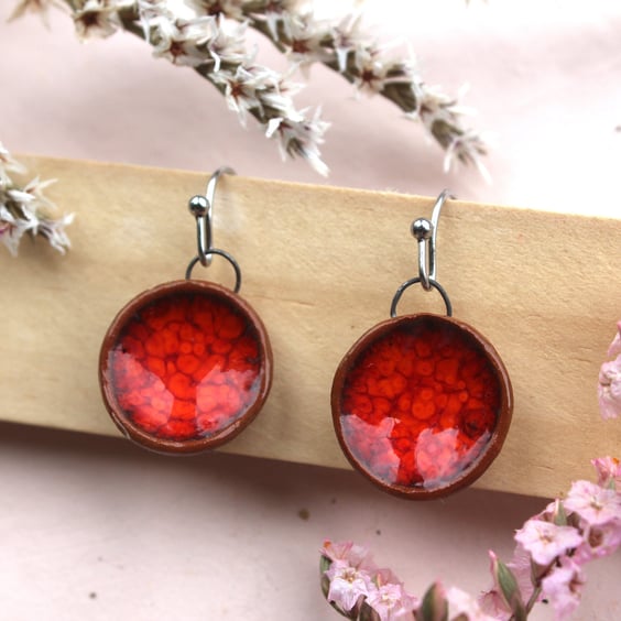 Handmade Red Ceramic Dangle Earrings, Foraged Bristol Clay