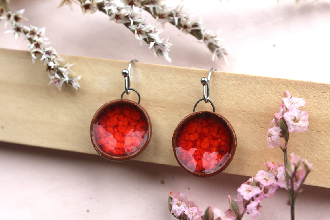 Handmade Red Ceramic Dangle Earrings, Foraged Bristol Clay