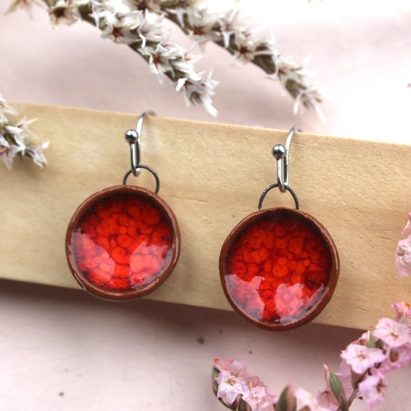 Handmade Red Ceramic Dangle Earrings, Foraged Bristol Clay