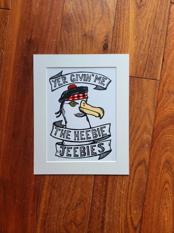 Yer Givin Me the Heebie Jeebies - original handmade linocut bird art print