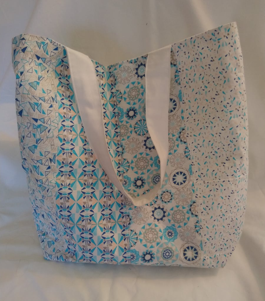 Blue and White Patterned Patchwork Design Tote Bag