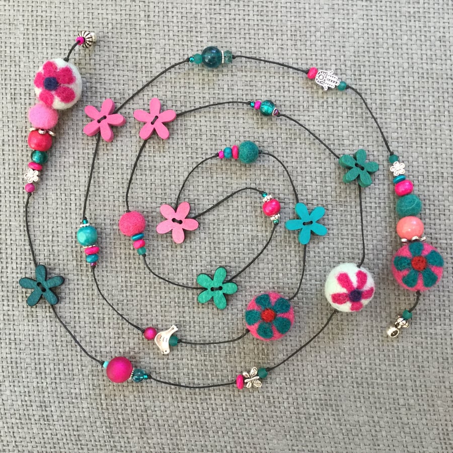 “Fuchsia” Felt Flower  lariat necklace