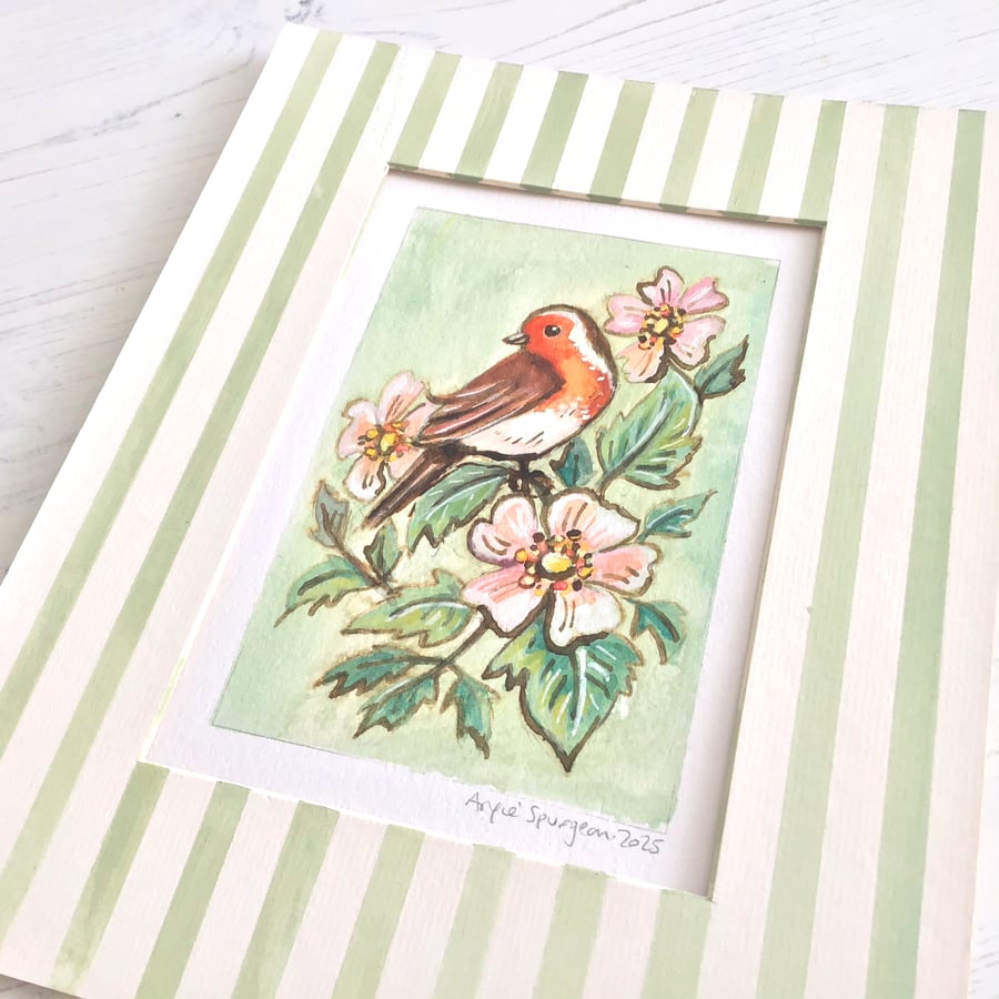 Original Painting of Robin and Dog Rose Flowers, Watercolour and Ink