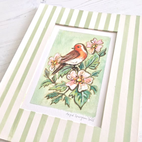 Original Painting of Robin and Dog Rose Flowers, Watercolour and Ink