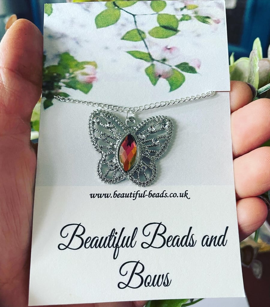 Butterfly ab crystal silvertone gem charm necklace 