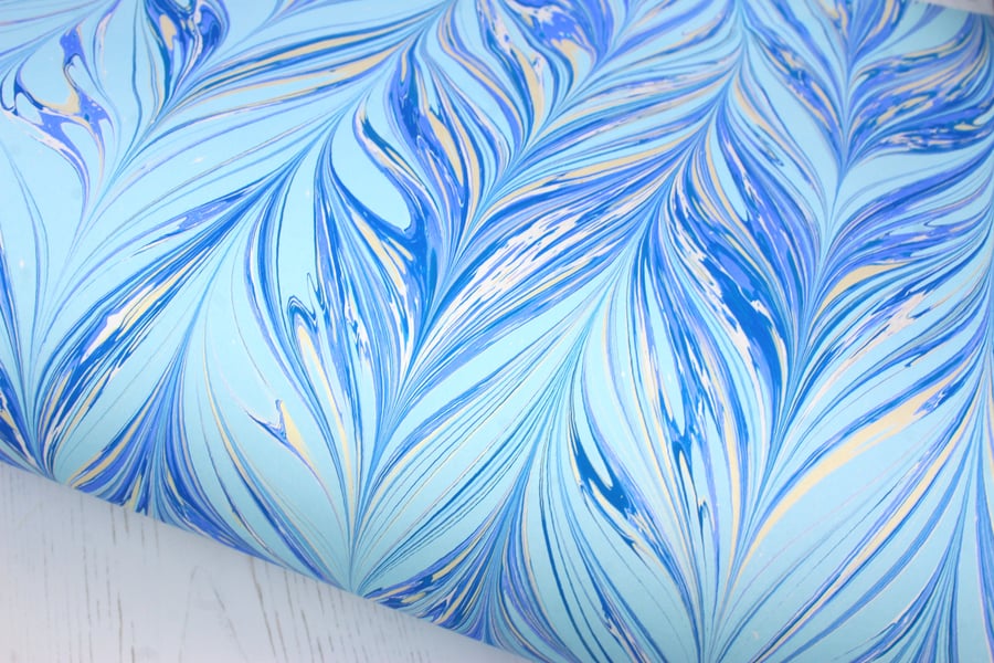blue and gold a2 marbled paper sheet gelgit pattern second