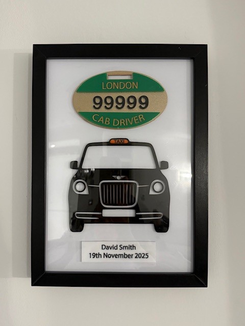 London Taxi TXE Driver Keepsake Frame – Acrylic Cab & Badge - Personalised Gift 