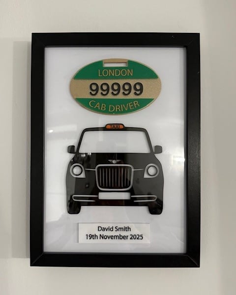 London Taxi TXE Driver Keepsake Frame – Acrylic Cab & Badge - Personalised Gift 