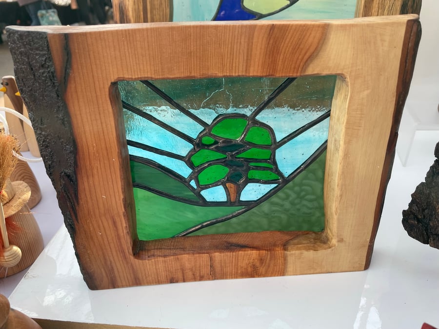 Stained glass Sycamore Gap in Yew wood frame su... Folksy