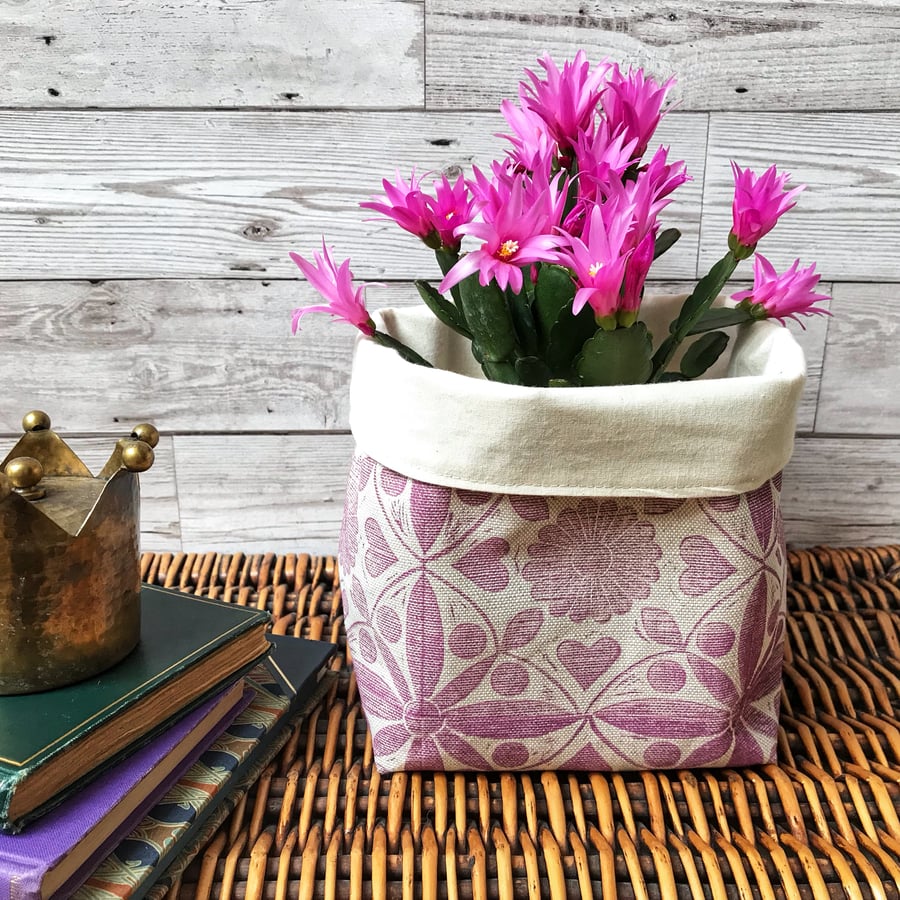 Hand Printed Linen Storage Basket, Textile Basket, Plant Pot - Soft Raspberry 