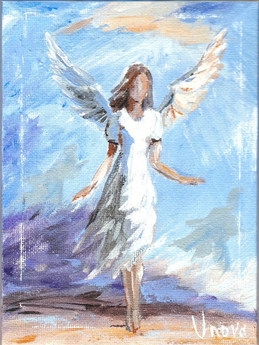 Angel Original Oil Painting Sky Christmas Angel Girl picture Christmas card
