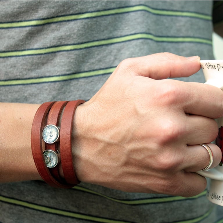 Leather Mens Bracelet with Custom Map slider beads, Personalized Gifts for men