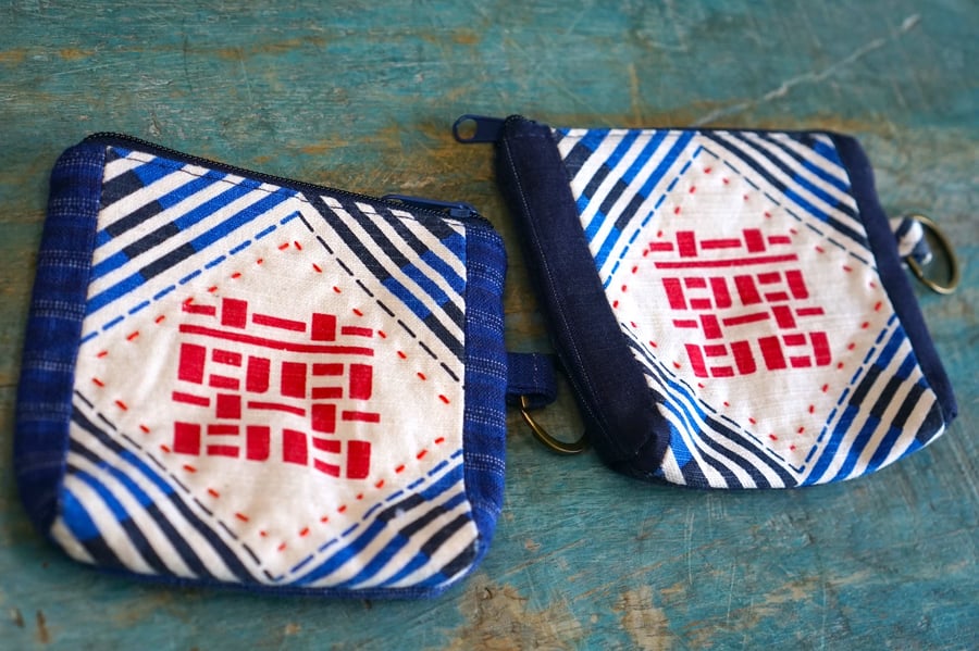 Hand-printed Fabric Small Zipper Pouch, Double Happiness Card & Coin Purse