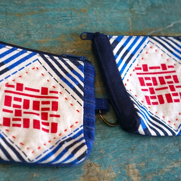 Hand-printed Fabric Small Zipper Pouch, Double Happiness Card & Coin Purse