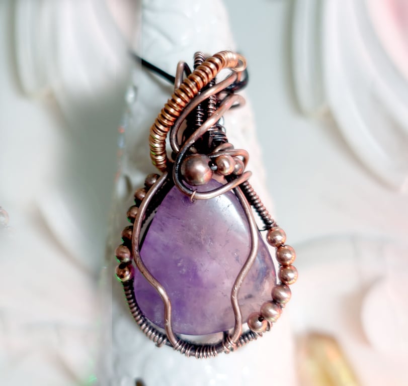 Amethyst Copper Wire Wrap Pendant with faux leather cord