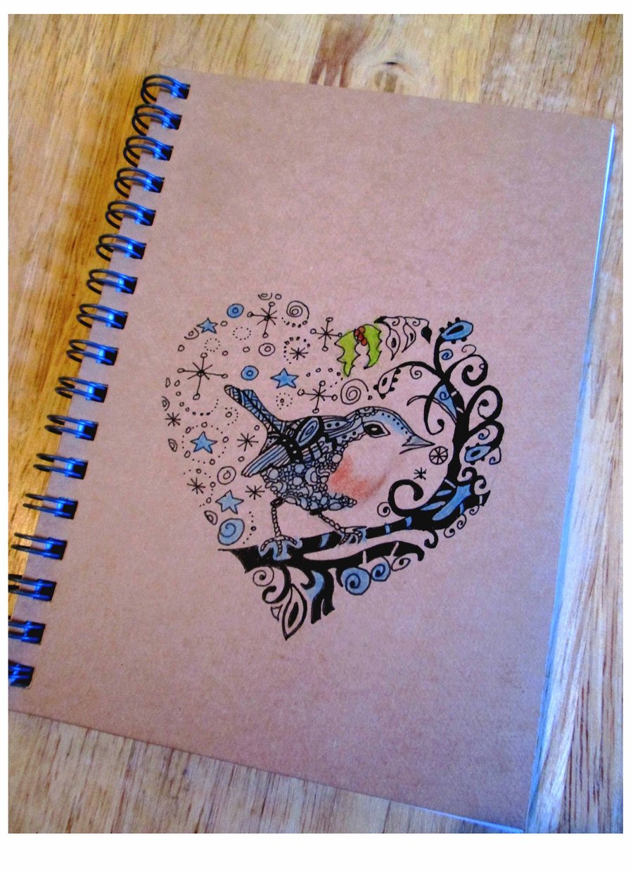  Handdrawn 'Robin in Heart Tree' A6 Lined Notebook