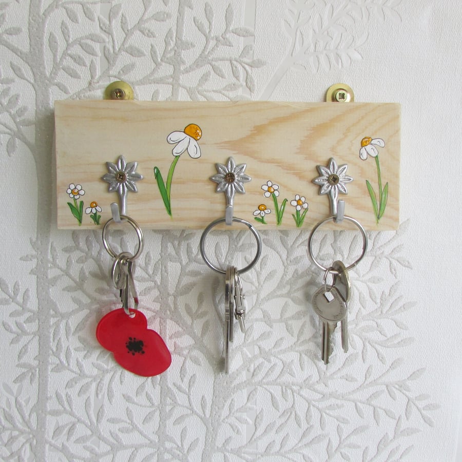 Key Hook, wooden with 3 metal hooks, painted with daisy flowers.
