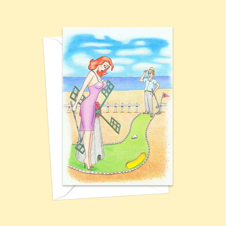 Crazy Golf Greeting Card: Seaside Postcard Style Pencil Illustration (805)