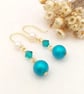 Pearl Earrings - Turquoise & White Crystal Pearl Drops - Special Occasion Wear