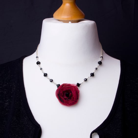 Red Flower Necklace - Striking red floral jewellery with hematite