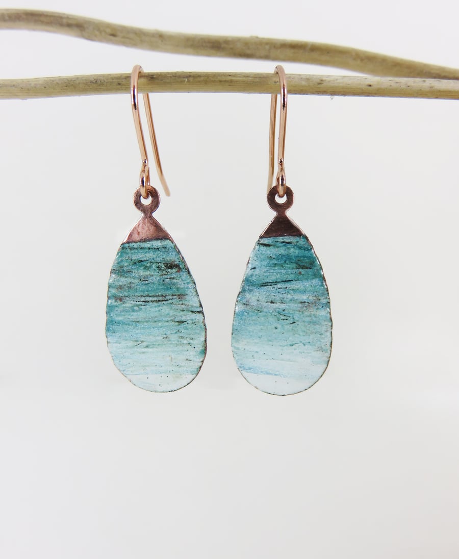 Copper with blue and white enamel dangle earrings