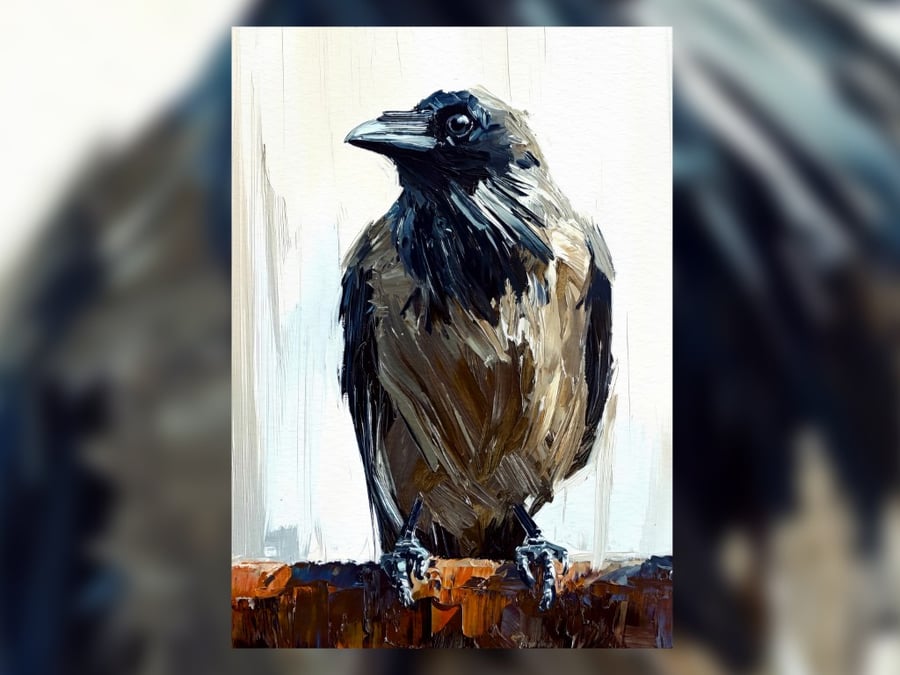 Expressive Crow Painting, Bold Textured Oil Artwork 5"x7" Matte Print