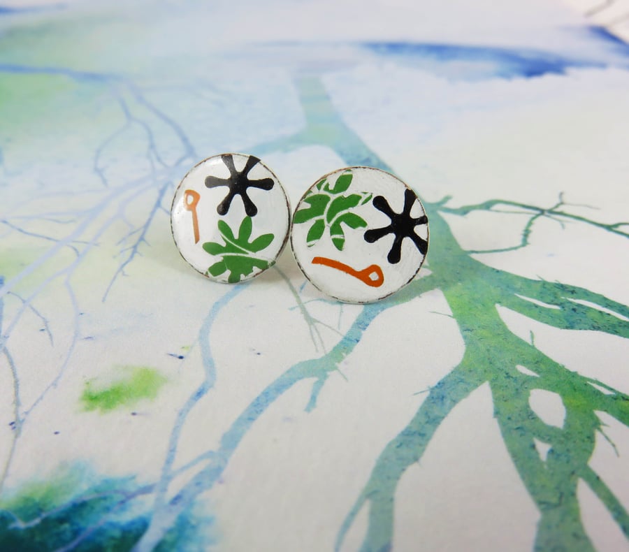 Unique Collaged Round Studs in Enamel and Copper