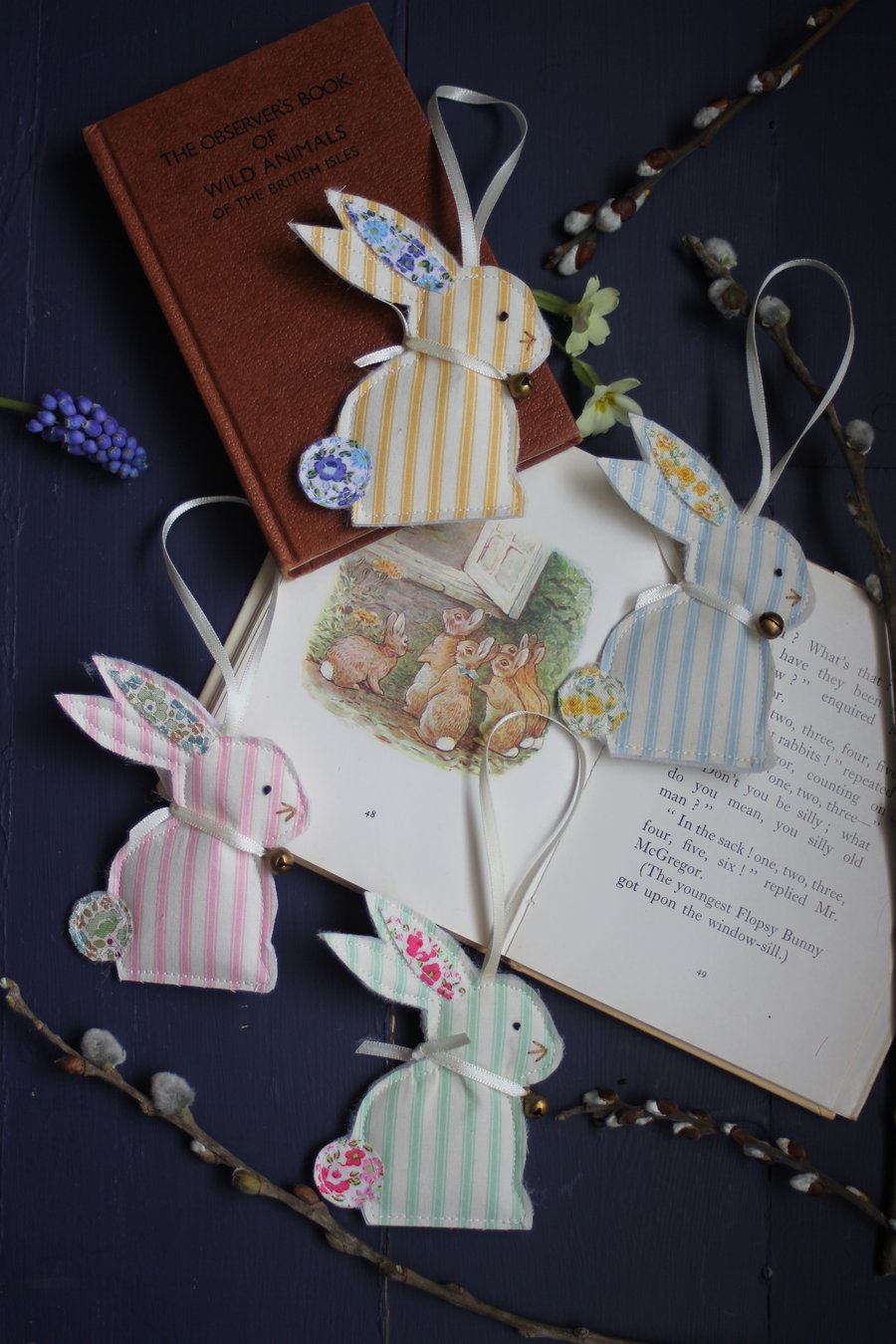 Easter bunny quartet made from recycled ticking stripe fabrics