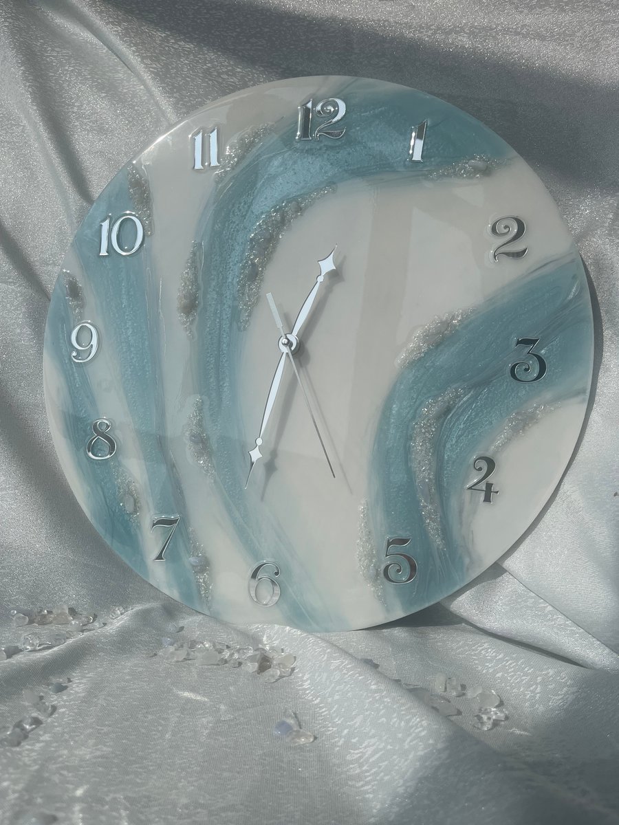 Luxury handmade Resin clock 40 cm baby blue with white crystal 