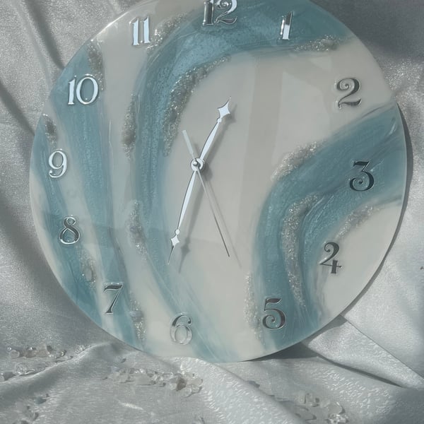 Luxury handmade Resin clock 40 cm baby blue with white crystal 