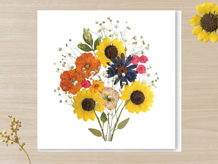  Sunflower Bouquet, Pressed Flower print card,