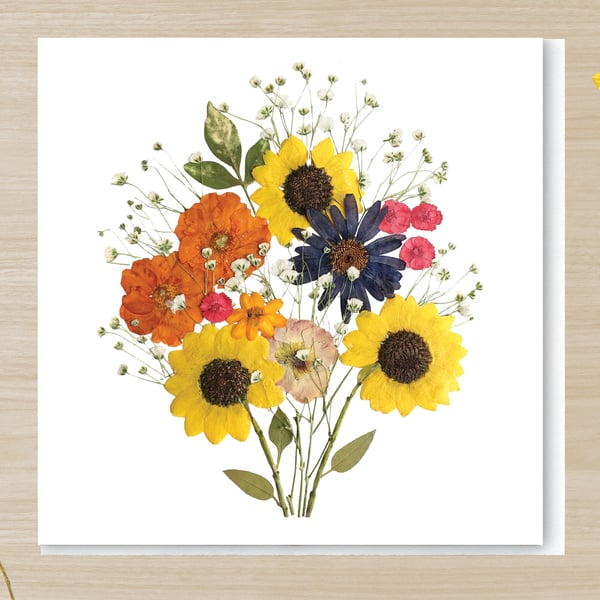  Sunflower Bouquet, Pressed Flower print card,