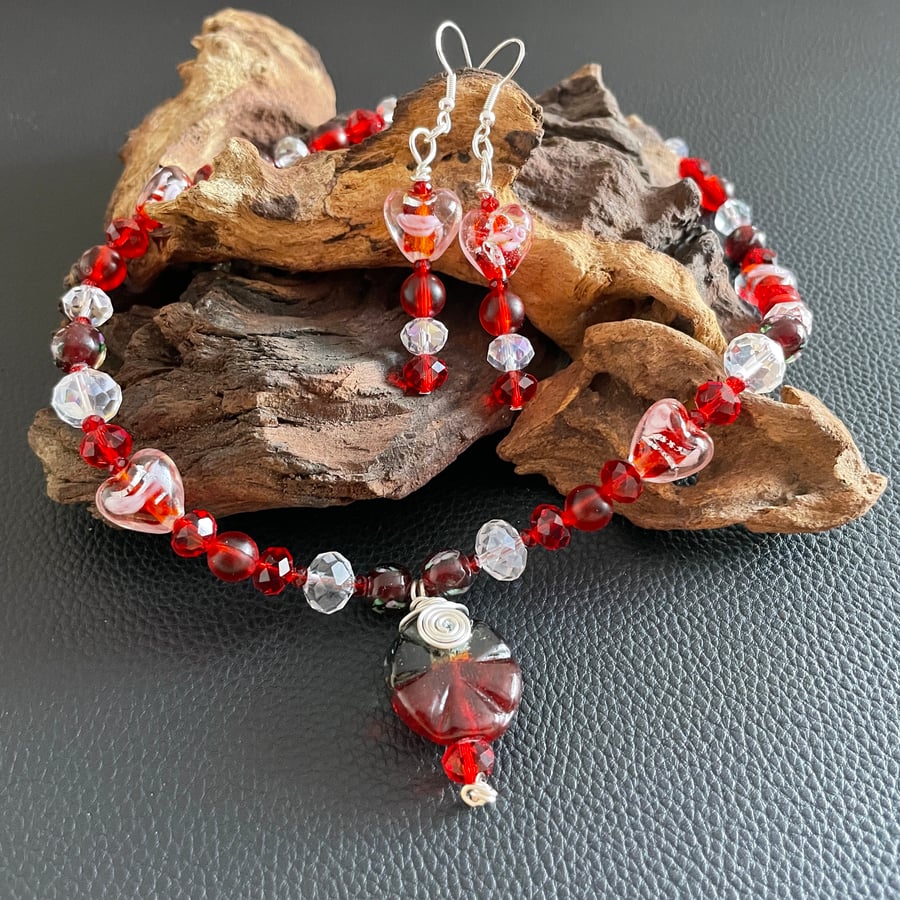 Handmade Beaded Red Glass Necklace and Earring Set - One of a Kind