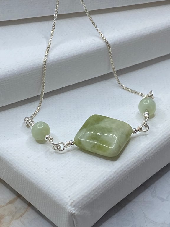 Square serpentine stone bracelet with silver plated slider 