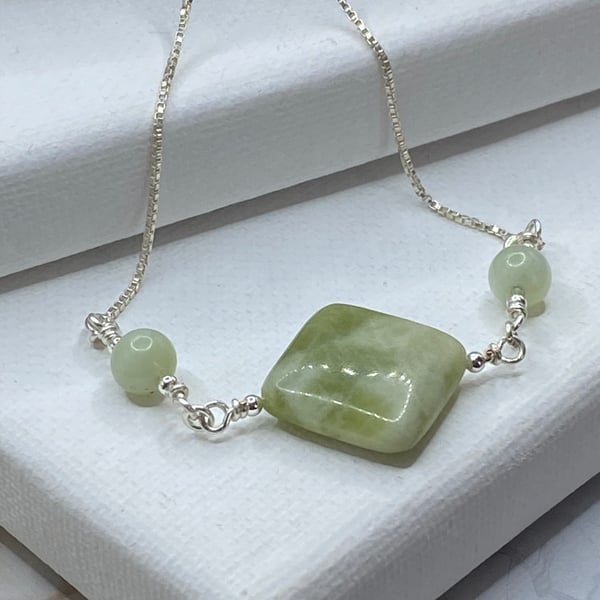 Square serpentine stone bracelet with silver plated slider 