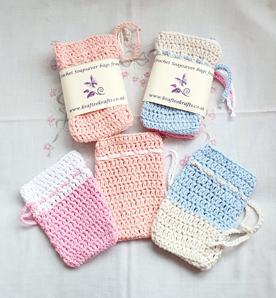 Two-tone Pastel Soap Saver bags, crochet