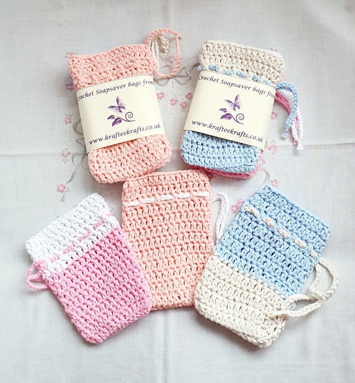 Two-tone Pastel Soap Saver bags, crochet