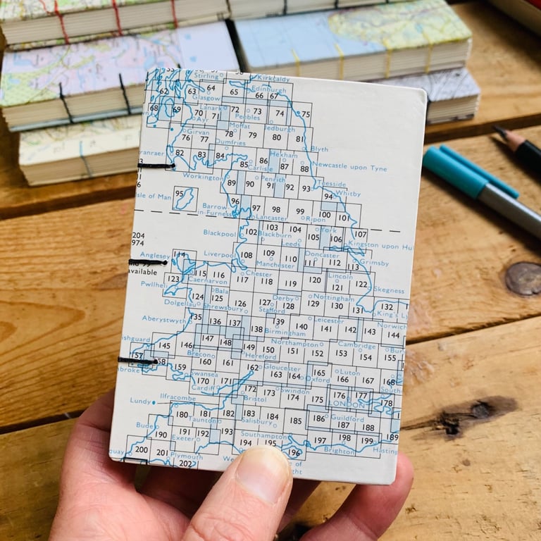 A7 Pocket Sketchbook with Recycled Map Covers and Mixed-Media Pages. UK Pages.