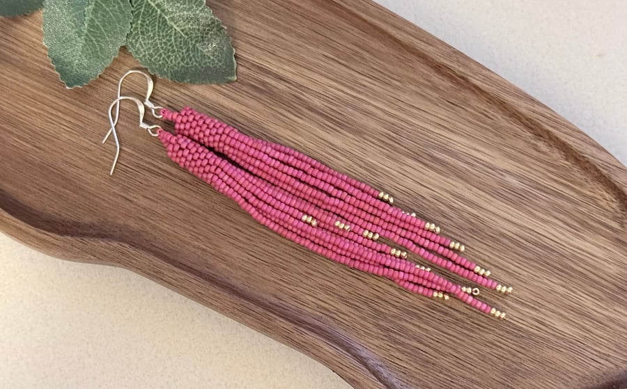 Matt red beadwork tassel fringe earrings
