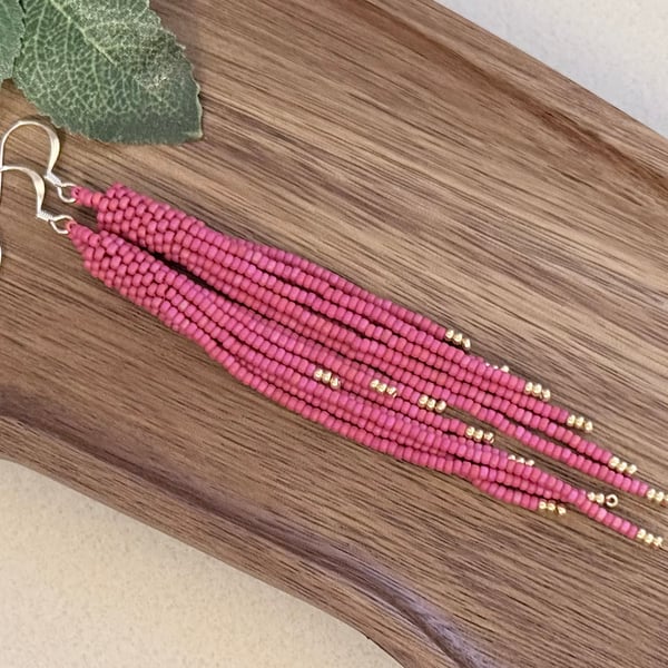 Matt red beadwork tassel fringe earrings