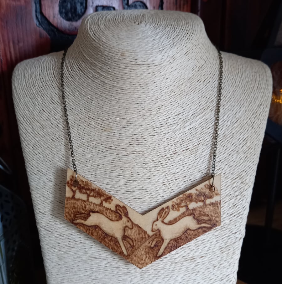 Pyrography wooden hares pendant