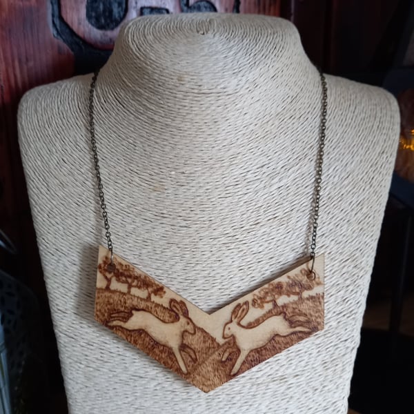 Pyrography wooden hares pendant