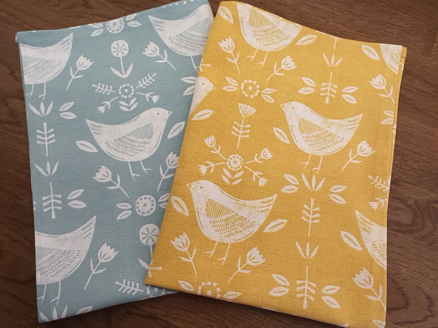 Yellow Ochre Tea Towel. Bird, Floral Scandi Style. Free Delivery