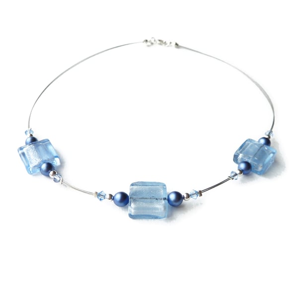 Pale Blue Fused Glass Necklace - Light Blue Necklace - Cornflower Blue Jewellery