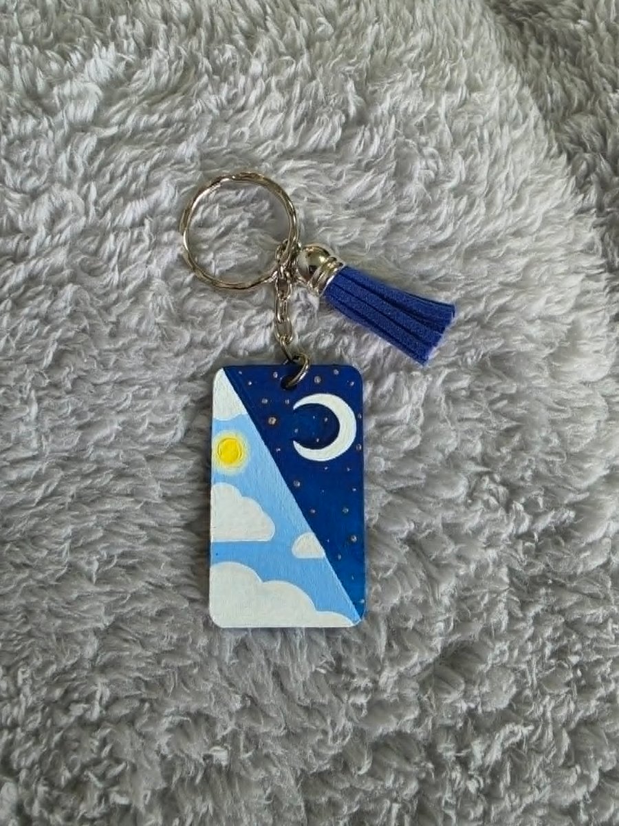 Hand Painted Day & Night Wooden Keyring Sun and Moon Sky Design