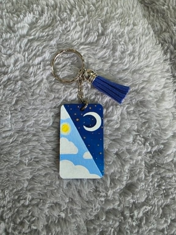Hand Painted Day & Night Wooden Keyring Sun and Moon Sky Design