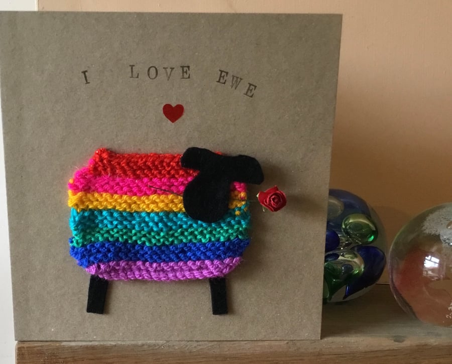 Handmade Valentines Card with knitted sheep 