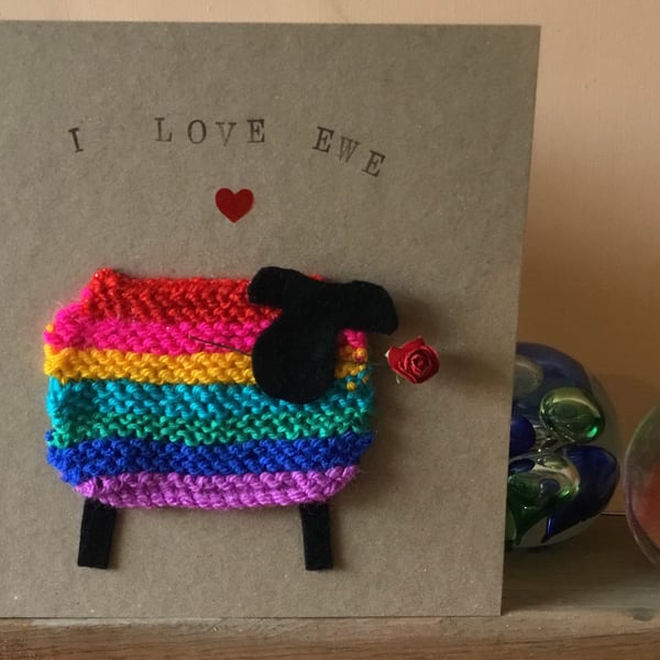 Handmade Valentines Card with knitted sheep 