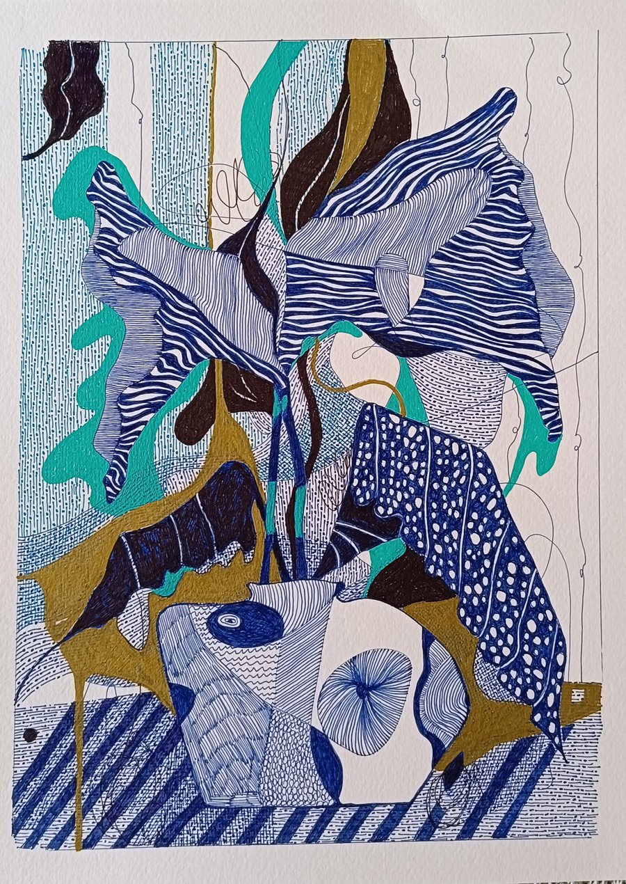 Blue vase, blue floral  abstract, ink on paper, original artwork