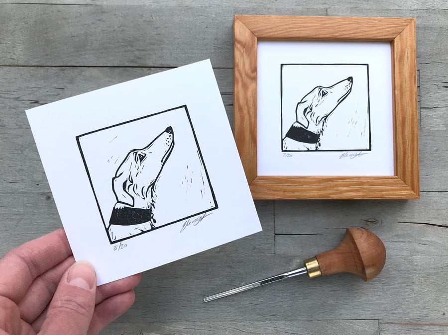 Lurcher print, original lino cut by Suffolk artist Beth Knight.